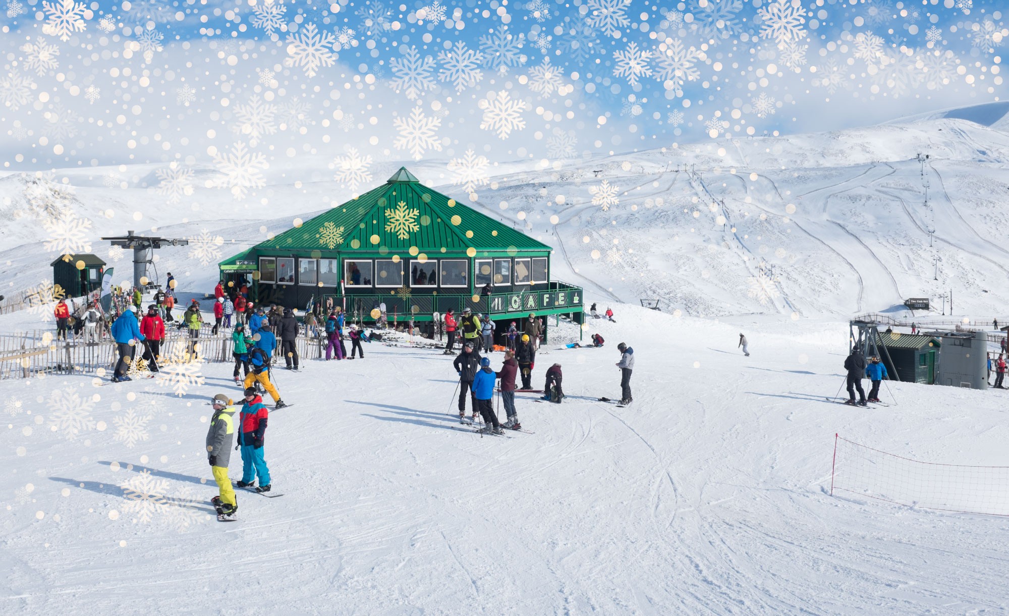 Christmas snow and stars at the Cairnwell cafe
